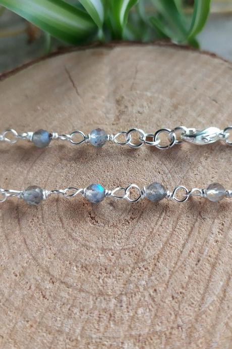 Labradorite bead chain bracelet, Grey boho gemstone bracelet, Dark grey natural stone bracelet, Gypsy beach bohemian jewelry bracelet