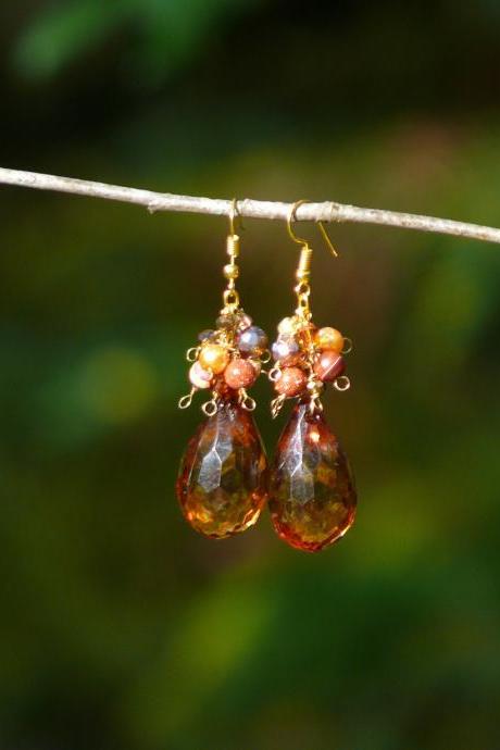 Autumn cluster earrings, Brown gold large drop earrings, Wire wrapped beaded earrings, Agate Mookaite Goldstone earrings, Gemstone earrings