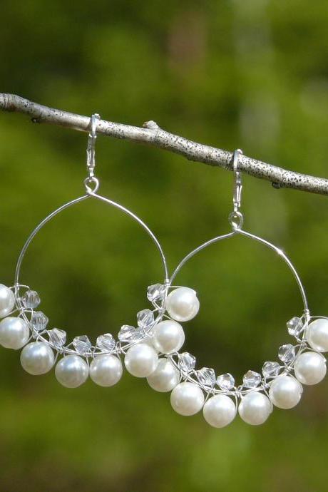 White pearl hoop earrings, Bohemian pearl white hoops, White boho earrings, Wire wrapped white and silver wedding earrings, Bridal earrings