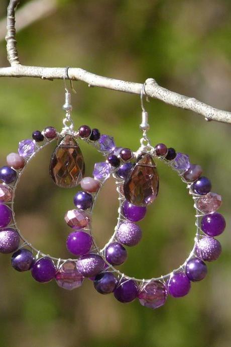 Purple hoop earrings, Wire wrapped purple boho earrings, Large hoops, Purple and silver hoop earrings, Statement Hoop earrings with drop