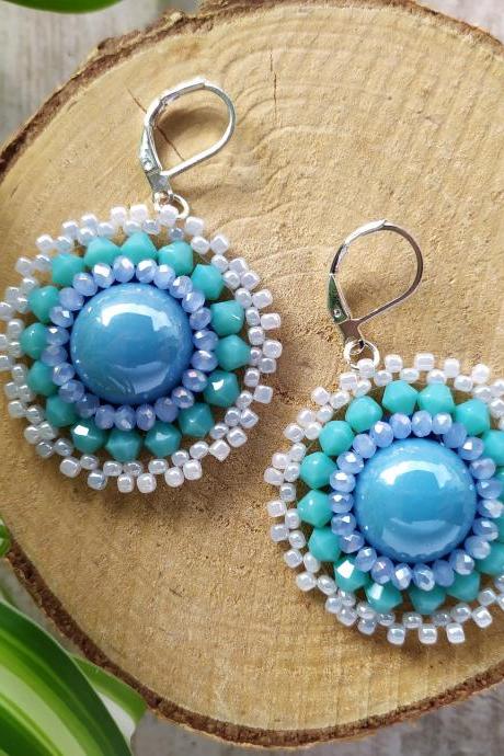 Celestial Collection: Light blue embroidered earrings, Delicate bead embroidery earrings, Winter wonderland boho earrings, Ice queen dangles