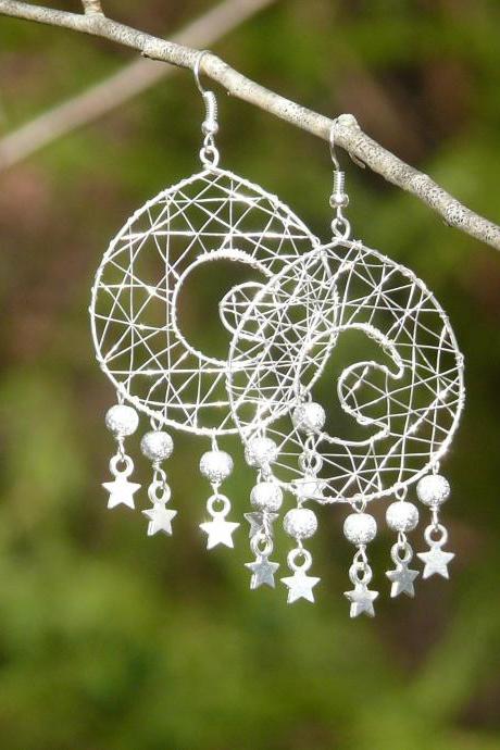 Celestial Collection: Silver moon and stars wire wrapped chandelier earrings, Large silver hoops with dangles,Oversized silver boho earrings
