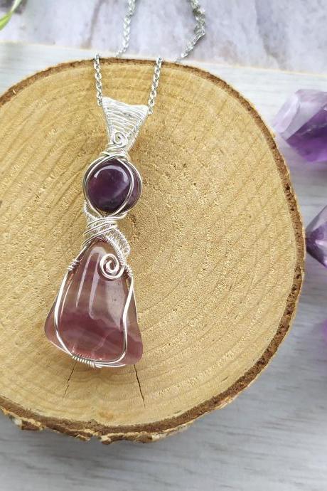 Fluorite And Amethyst Wire Wrapped Pendant, Purple Gemstone Necklace, Purple Boho Crystal Necklace, Wire Wrapped Silver Double Stone Pendant