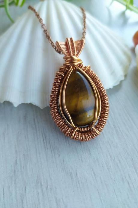 Tiger&#039;s eye wire wrapped copper pendant, Brown gold gemstone necklace, Delicate stone necklace, Bohemian jewelry, Wire wrapped coil pendant