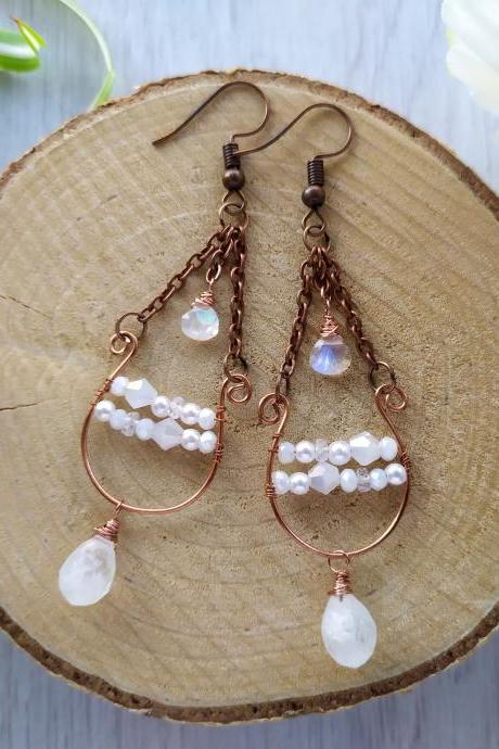 White wedding earrings with Rainbow moonstone briolette, Dainty bridal copper earrings with gemstone, Rainbow moonstone chandelier earrings