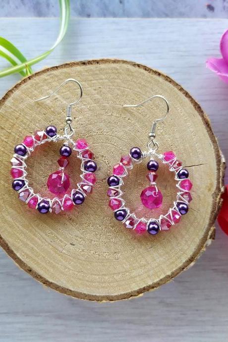Purple red pink hoop earrings, Wire wrapped purple boho earrings, Purple and silver hoop earrings, Statement berry fruit inspired earrings