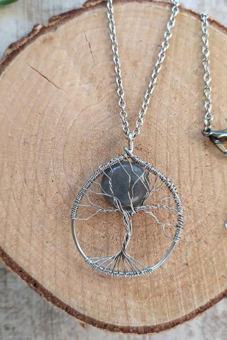Labradorite tree of life pendant, Wire wrapped steel necklace, Wire tree gemstone pendant, Tree of Life with Labradorite Moon steel necklace