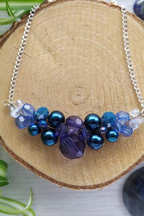 Dark Blue necklace, Boho bib necklace, Blue ombre necklace, Denim blue necklace, Silver plated wire wrapped necklace, Mothers day gift