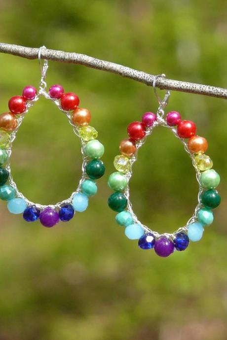 Rainbow earrings, Chakra earrings, Colorful wire wrapped earrings, Rainwbow hoop earrings, Colorful boho earrings, Vibrant earrings