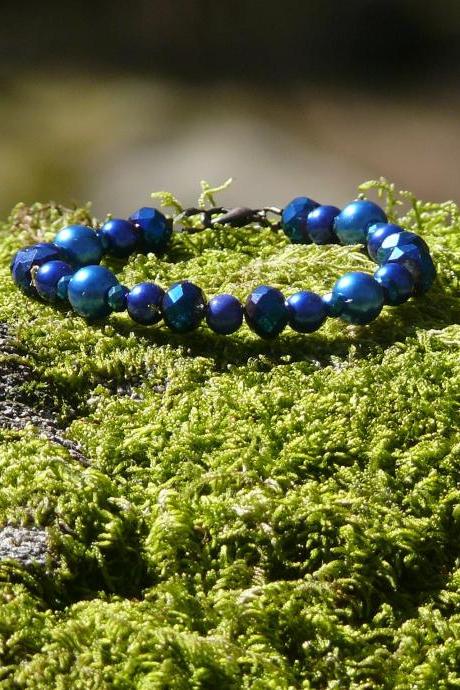 Dark blue bracelet, Blue and copper beaded bracelet, Elegant royal blue bracelet, Birthday gift, Bohemian bracelet, Glass bead bracelet