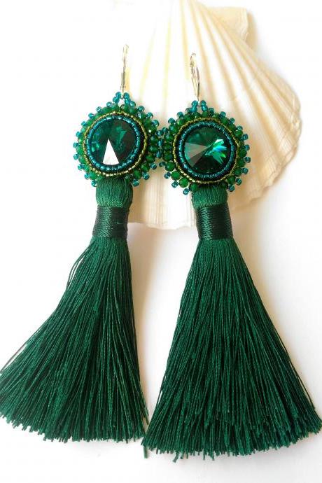 Swarovski crystals tassel earrings, Long emerald green bead embroidery earrings, Bohemian statement earrings with swarovski cabochon