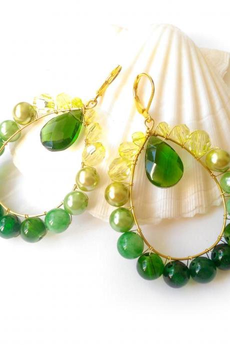 Green jade hoop earrings, Long green ombre earrings, 3 inch festival hoops, Beaded boho earrings, Gift for her, Green and gold earrings