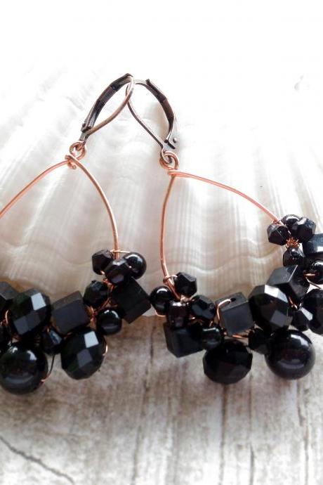 Black beaded earrings, Black wire wrapped copper earrings, Bohemian hoops, Black crescent moon earrings, Boho jewelry, Statement earrings