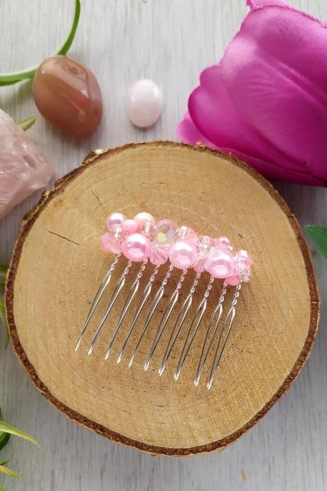 Light pink wedding hair comb, Pink beaded slide comb, Bridesmaid hair accessory, Pink bohemian hair comb,Bridal headpiece, Pink Hair jewelry
