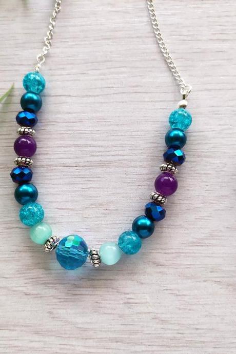 Blue purple turquoise bead necklace, Galaxy color necklace, Multicolor beaded necklace, Colorful boho necklace, Dark blue purple necklace
