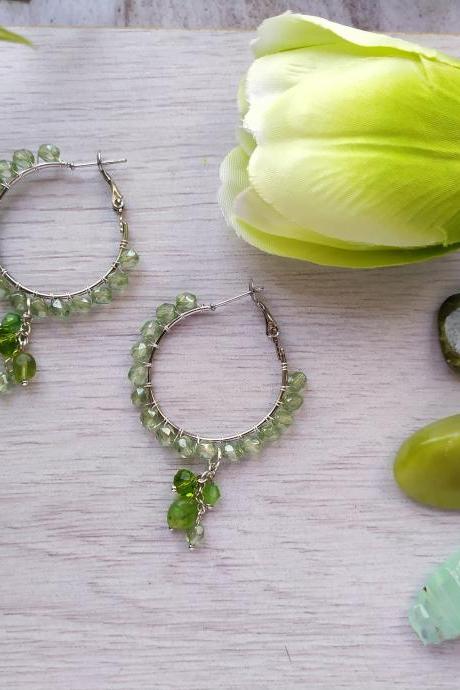 Spring collection: Green and silver bubbly hoops, Green boho chandelier earrings, Light green hoop earrings,Wire wrapped silver dangle drops