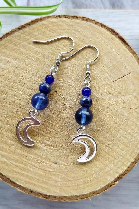Dark blue gemstone crescent moon earrings, Moon boho dangle earrings, Quartz Lapis Lazuli Agate earrings, Blue stone celestial moon earrings