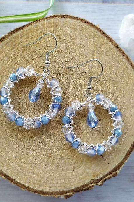 Dreamy blue and clear hoop earrings, Small hoops with faceted glass beads, Pastel blue boho earrings, Dainty wire wrapped hoops with dangle