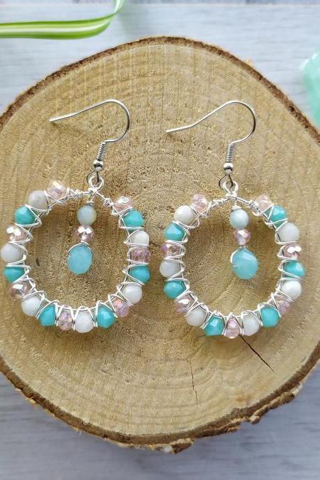 Pastel pink blue hoop earrings, Small hoops with Amazonite and glass beads, Blue white pink boho earrings, Wire wrapped hoops with dangle