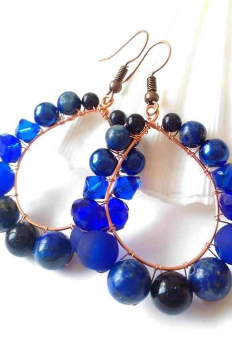 Royal blue earrings with gemstones, Lapis lazuli earrings, Blue goldstone earrings, Wire wrapped copper hoop earrings, Blue dangle earrings