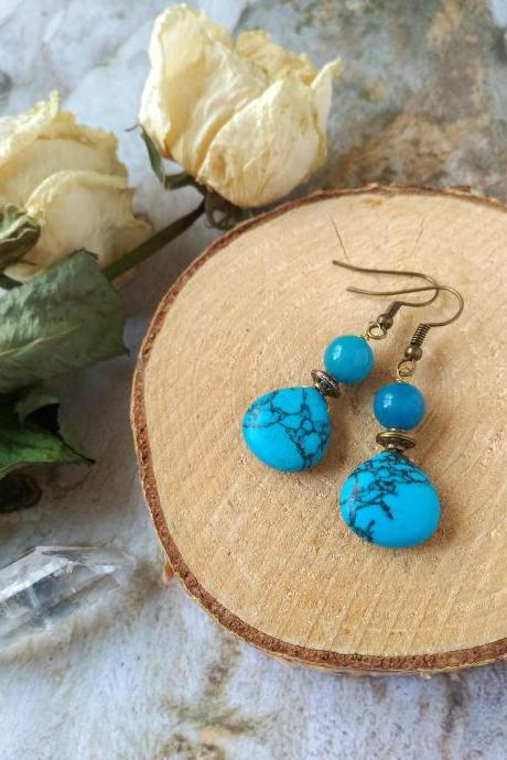 Mixed blue gemstone earrings, Turquoise Howlite and Jade earrings, Blue drop earrings, Dainty gemstone drops,Blue and brass crystal earrings