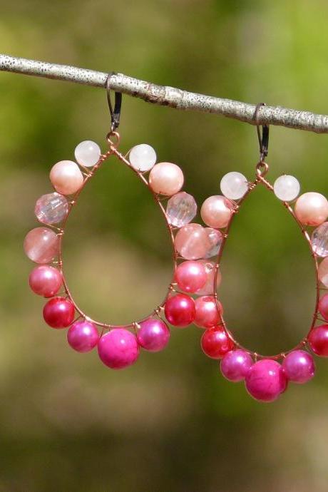 Hot pink earrings with Rose Quartz and Cherry Quartz, Large pink boho earrings, Statement pink earrings, Wire wrapped copper earrings