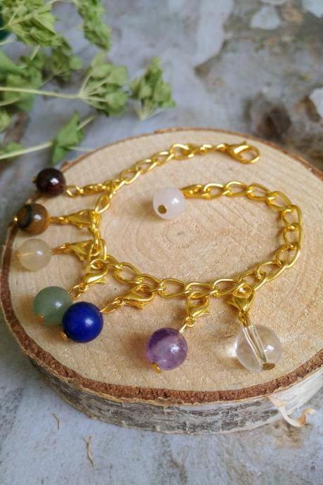 Yoga 7 chakra gemstone bracelet, Gold gemstone chain bracelet, Genuine crystal bracelet, Yogi healing bracelet, Meditation Reiki bracelet