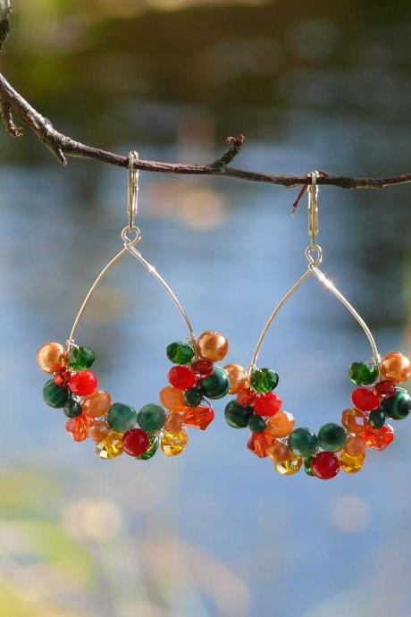 Colorful gemstone earrings, Green red orange red beaded hoops, Wire wrapped silver earrings, Teardrop shaped boho earrings, gift for her