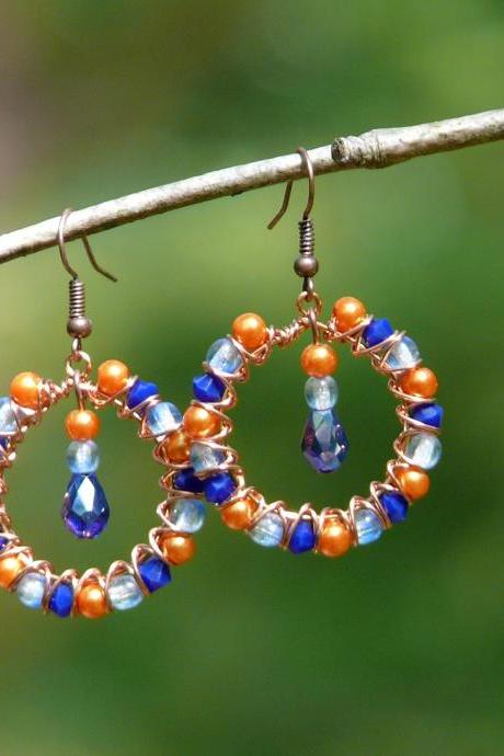Orange and blue earrings, Wire wrapped bohemian sunset earrings, Summer vibes earrings, Blue orange beach boho earrings, Statement jewelry