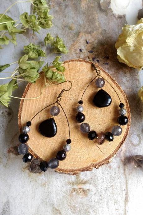 Black onyx boho hoops, Bohemian hoop earrings with gemstones, Black chandelier earrings, Mixed crystal gypsy earrings, Gift for her,