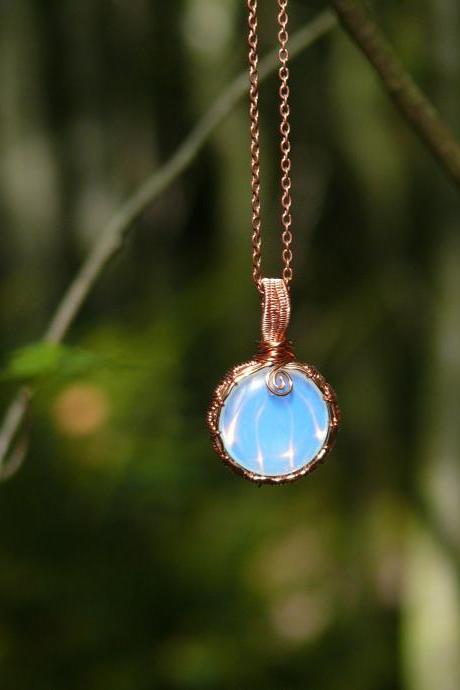 Wire wrapped Opalite necklace, Copper wrapped stone necklace, White boho pendant, Opalescent milky white glass stone pendant, Blue pendant