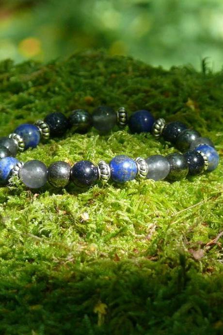 Blue gemstone elastic bracelet, Lapis lazuli Hematite Agate Sandstone Onyx stretch bracelet, Wisdom and grounding stretch bracelet