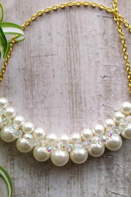 Bold white wedding necklace,Beaded pearl white bib necklace,Elegant ivory and gold bridal necklace,Wire wrapped white and gold boho necklace