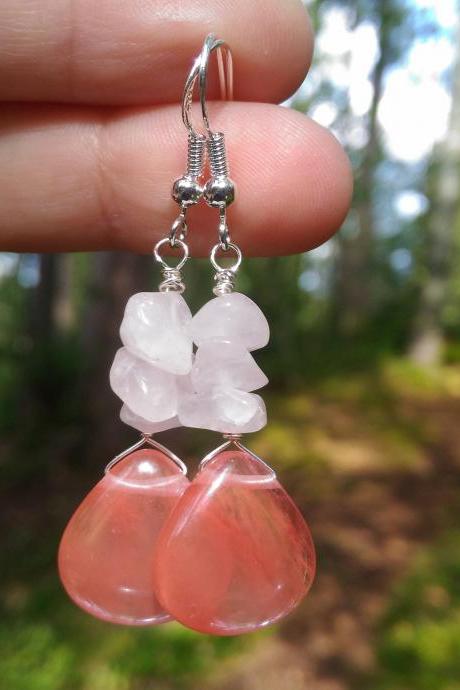 Mixed gemstone earrings, Cherry quartz and Rose quartz earrings, Pink drop earrings, Dainty gemstone drops,Crystal pink earrings