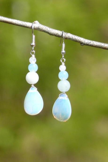 White mixed gemstone earrings, Rainbow moonstone Opalite Agate drop earrings, Dainty white silver gemstone drops, Crystal white boho dangles.