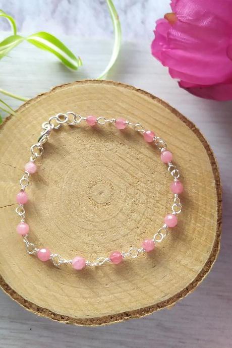 Pink Agate bead chain bracelet, Dark pink boho gemstone bracelet, Rose pink natural stone bracelet, Gypsy delicate bohemian jewelry bracelet.