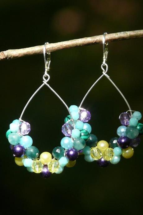 Blue purple green yellow earrings, Mixed gemstone mermaid earrings, Wire wrapped multicolor earrings, Peacock bohemian earrings.Gift for her.