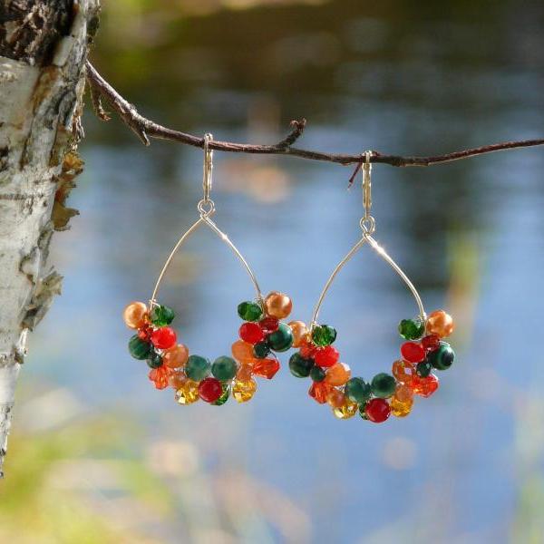Colorful gemstone earrings, Green red orange red beaded hoops, Wire wrapped silver earrings, Teardrop shaped boho earrings, gift for her