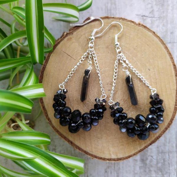 Black bubbly swings, Black silver gemstone chandeliers, Wire wrapped silver bohemian earrings with gemstones,Black boho earrings with stones.