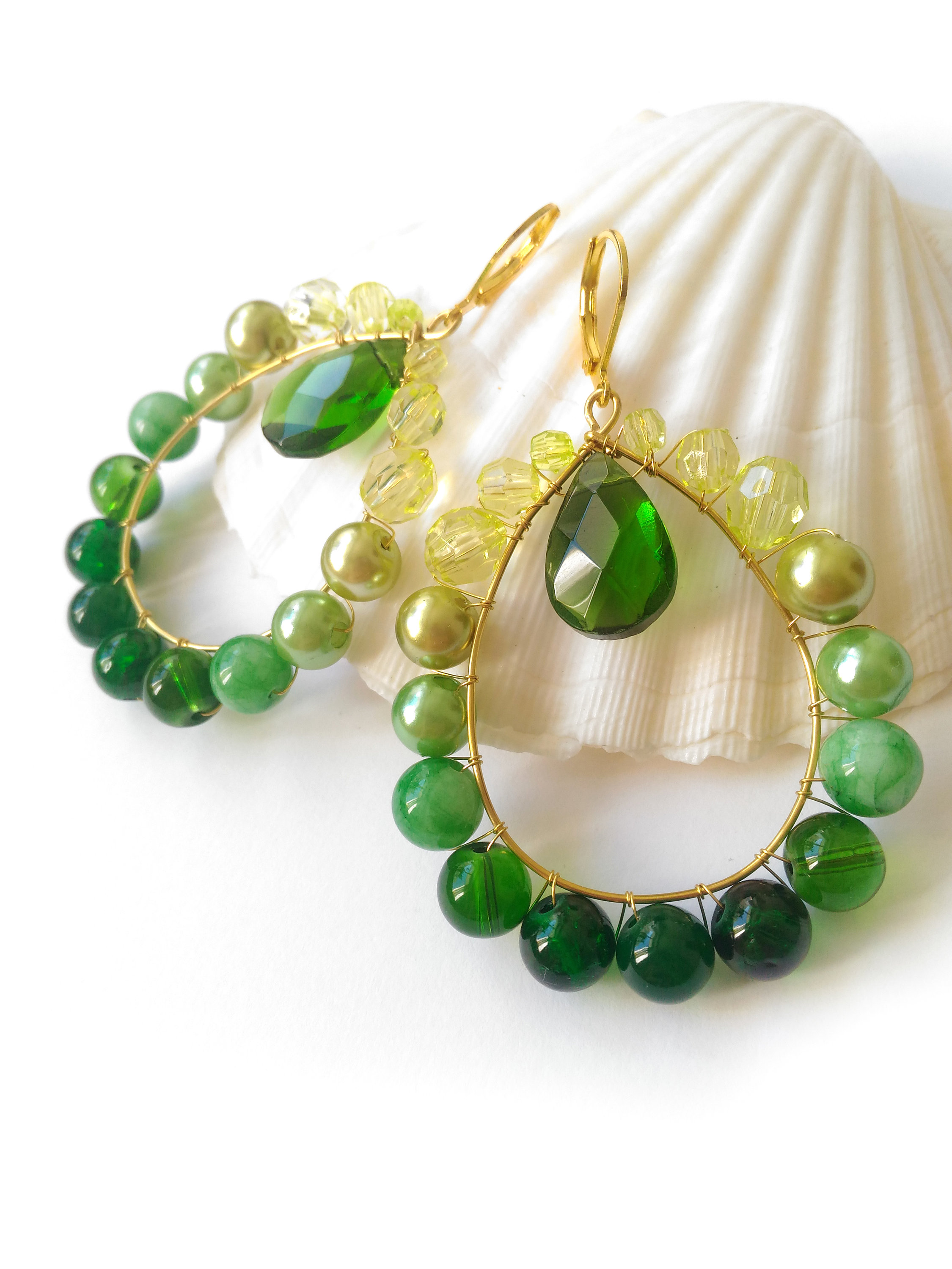 Green Jade Hoop Earrings, Long Green Ombre Earrings, 3 Inch Festival ...