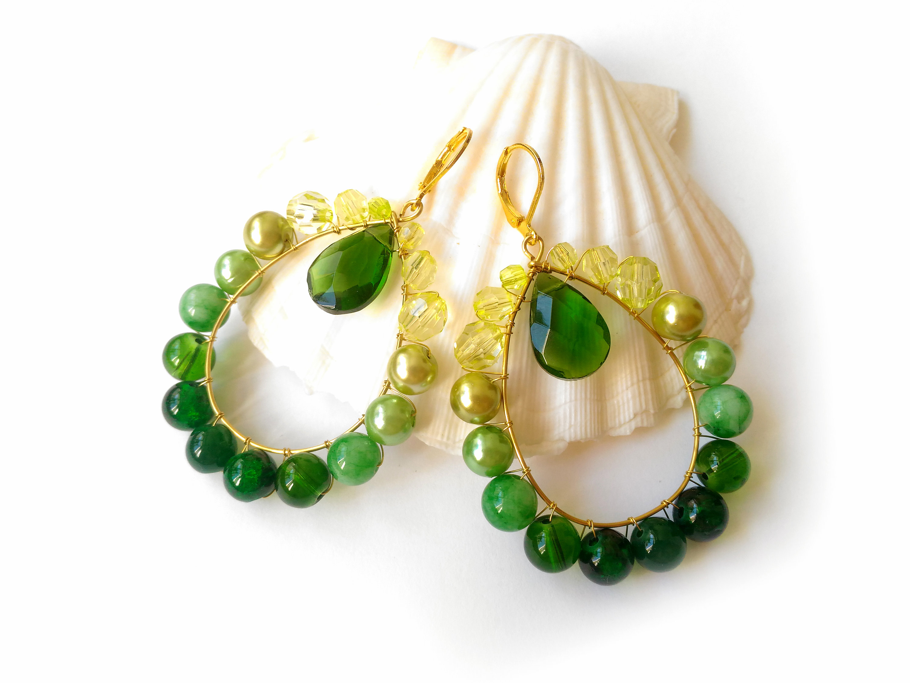 Green Jade Hoop Earrings, Long Green Ombre Earrings, 3 Inch Festival ...