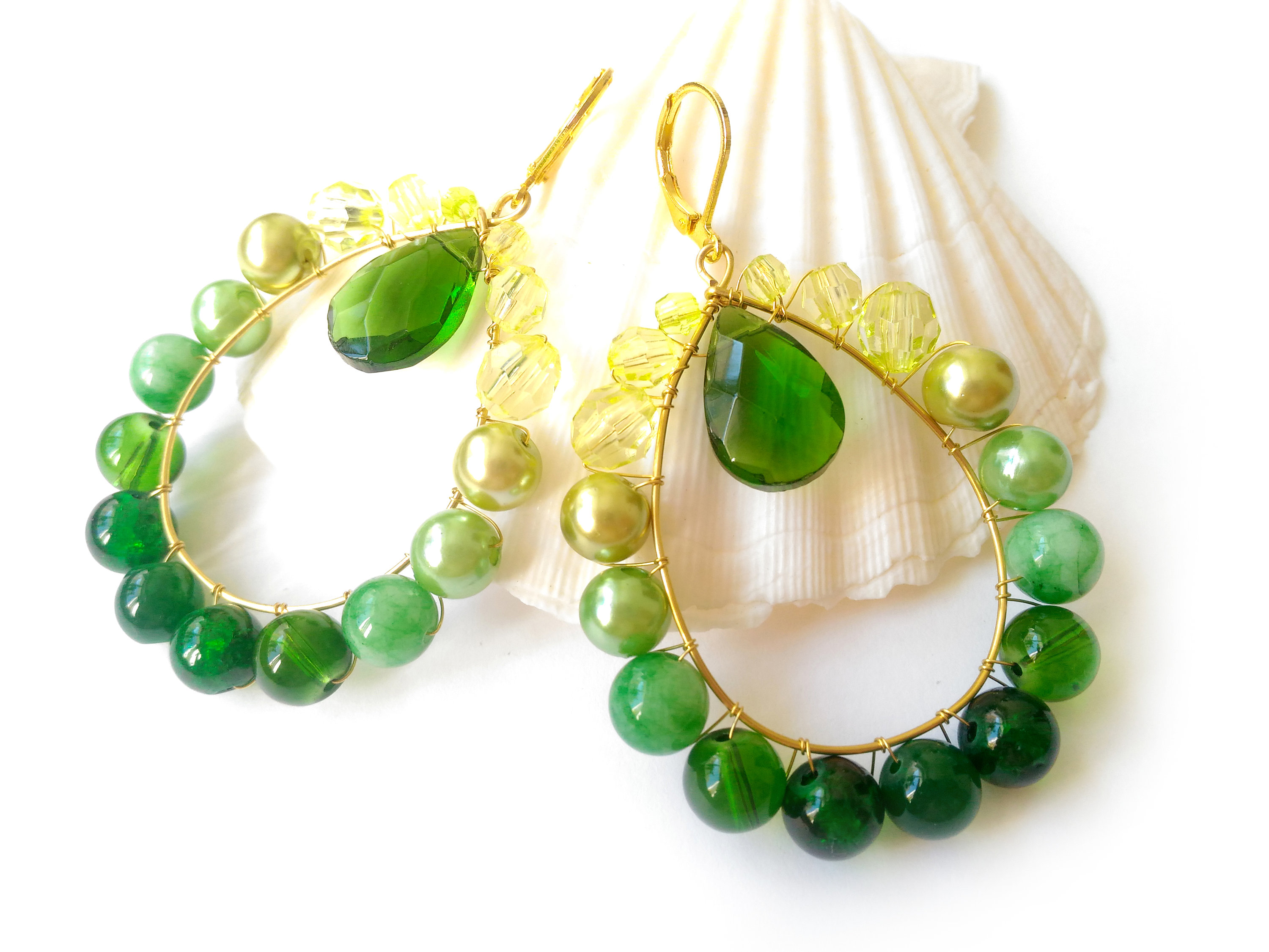 Green Jade Hoop Earrings, Long Green Ombre Earrings, 3 Inch Festival ...